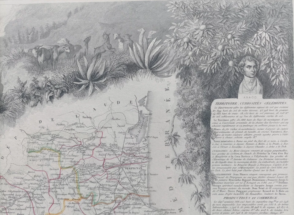 1845 CARTE DÉPARTEMENT PYRÉNÉES ORIENTALES 66 ATLAS LEVASSEUR GRAVURE GÉOGRAPHIE - Photo 2/3