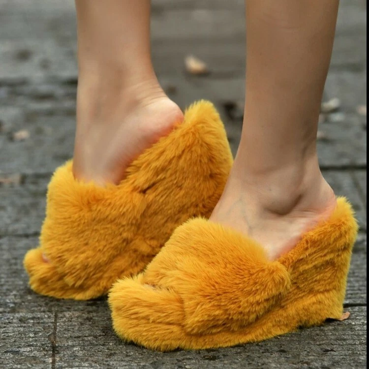 Womens Summer Fluffy Slide Slipper Holiday Shoes Faux Fur Wedge Platform  Sandals 