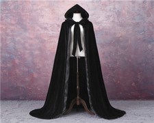 VELVET + LINED GOTHIC CLOAK HALLOWEEN BLACK CAPE HOODED WICCA MEDIEVAL LARP SCA