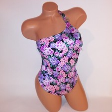 Victoria Secret Swim One Piece Medium Floral VS Logo Bling Pink Purple Black One