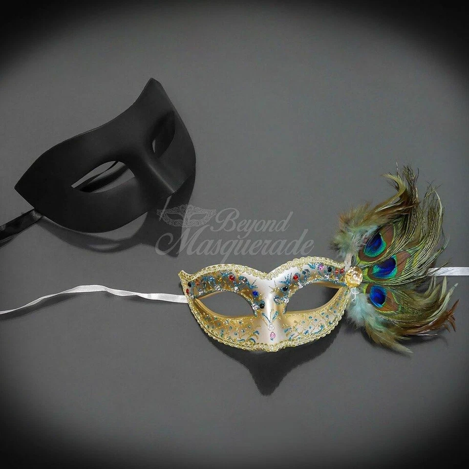 Couple's Masquerade Masks |  Masquerade Masks Peacock Feathers Black/Gold/White - Image 3 of 4