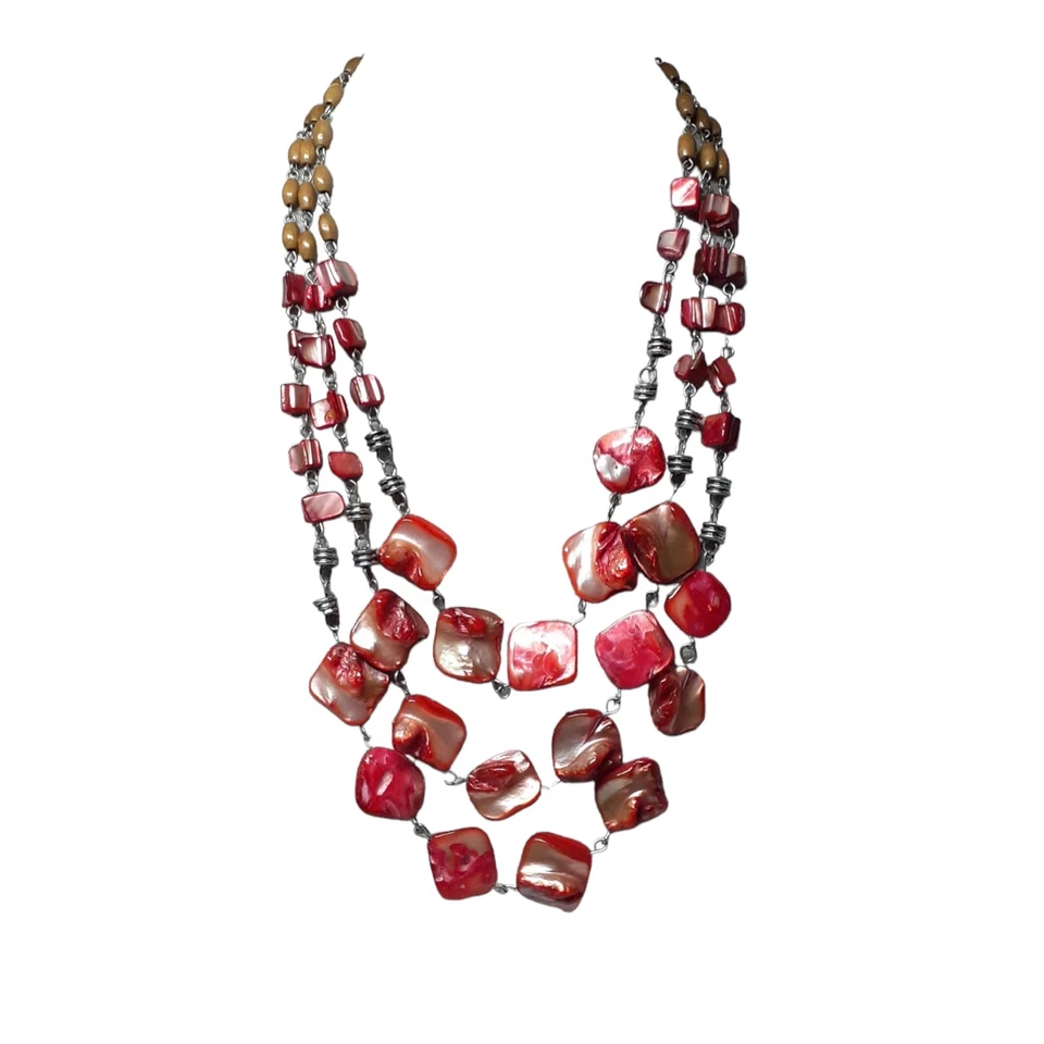 Collar Abulón Rojo Naranja con Eslabón de Cadena y Espaciadores de Cuentas de Madera 3 Hilos 16" Foto 3 de 4