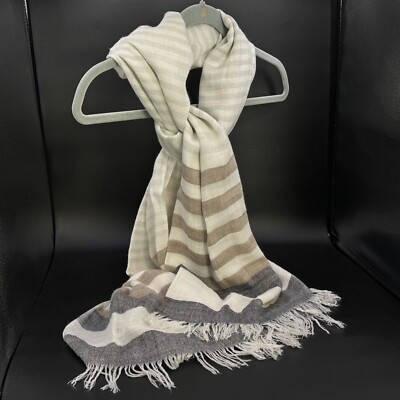 CEJON Woven Fringed Cream Tan Black 100% Rayon Striped Scarf 26'' w x 72'' l