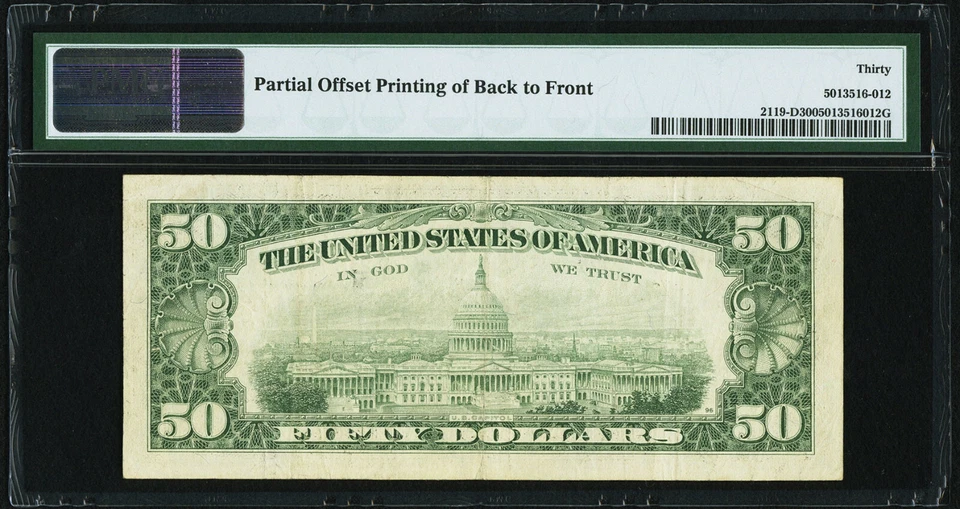 Partial Back to Front Offset Error Fr 2119-D $50 1977 Federal Reserve Note PMG30 - Image 2 of 2