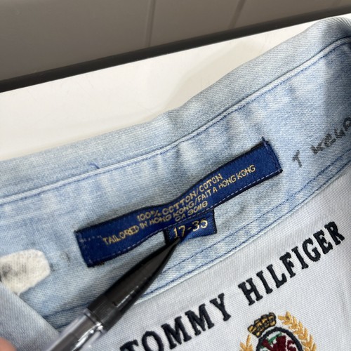 Vintage Tommy Hilfiger Button Down Shirt Lion Crest Mens Blue 17-35 Preowned - Picture 11 of 15