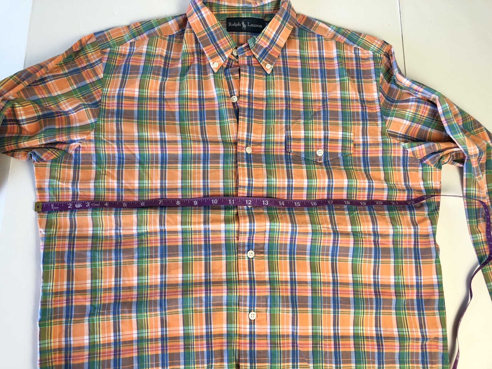 Polo Ralph Lauren Button Down Dress Shirt Mens SZ Large Orange Green Plaid READ! thumbnail 6