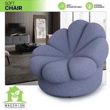 Blue Floor Lazy Sofa Couch Mohair Upholstered Gaming Seat Blooming Flower Chair