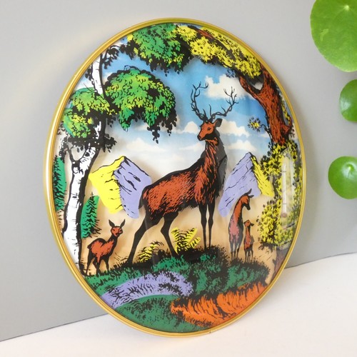 Vintage Domed Convex Round Deer Picture Mid Century Kitsch Thermometer Retro