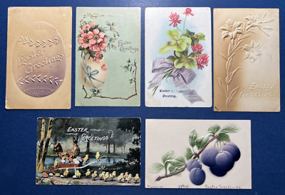 6 Easter Antique Postcards. EMB. Air Brushed. Chicks, Eggs. PUBL: Illustrated