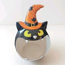 Rare | Ceramic Halloween Candy Bowl - Black Cat Orange Spider Hat 11" X 7.5" Htf
