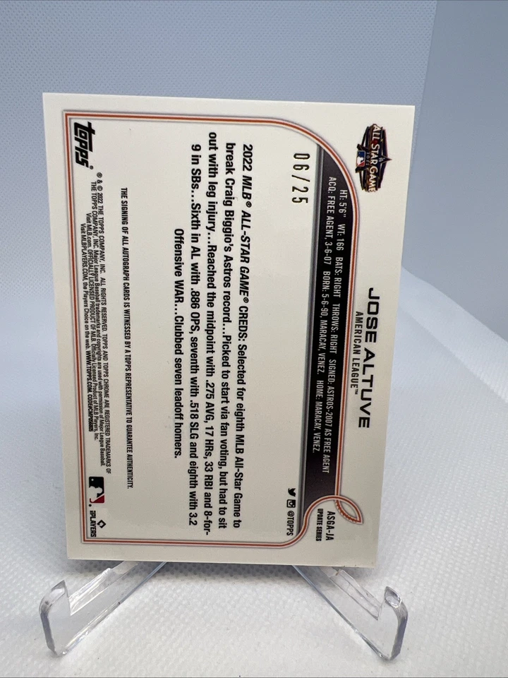 Jose Altuve Orange Refractor Auto /25 2022 Topps Chrome Update  A.S.G. - Image 2 of 3