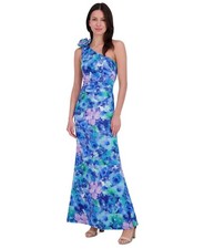 Eliza J Women’s Printed Rosette Asymmetric One Shoulder Gown, Blue Multi, sz 10