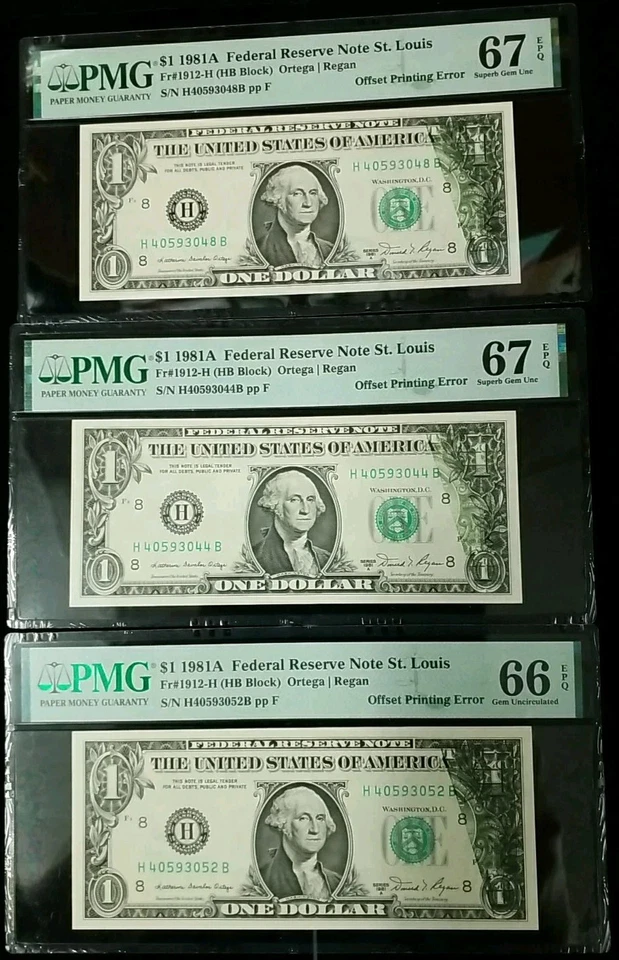  3 Consecutive 1981A $1 FRN Offset Printing Error PMG 67,66 EPQ #101 - Image 2 of 4