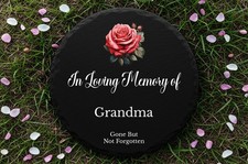 Round Slate Memorial Grave Marker Plaque Remembrance Rose Design (UV PRINTED)