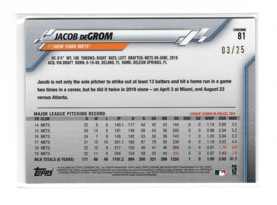 Jacob DeGrom 2020 Topps Chrome Ben Baller #/25 Orange Refractor Card #81 Rangers - Image 2 of 2