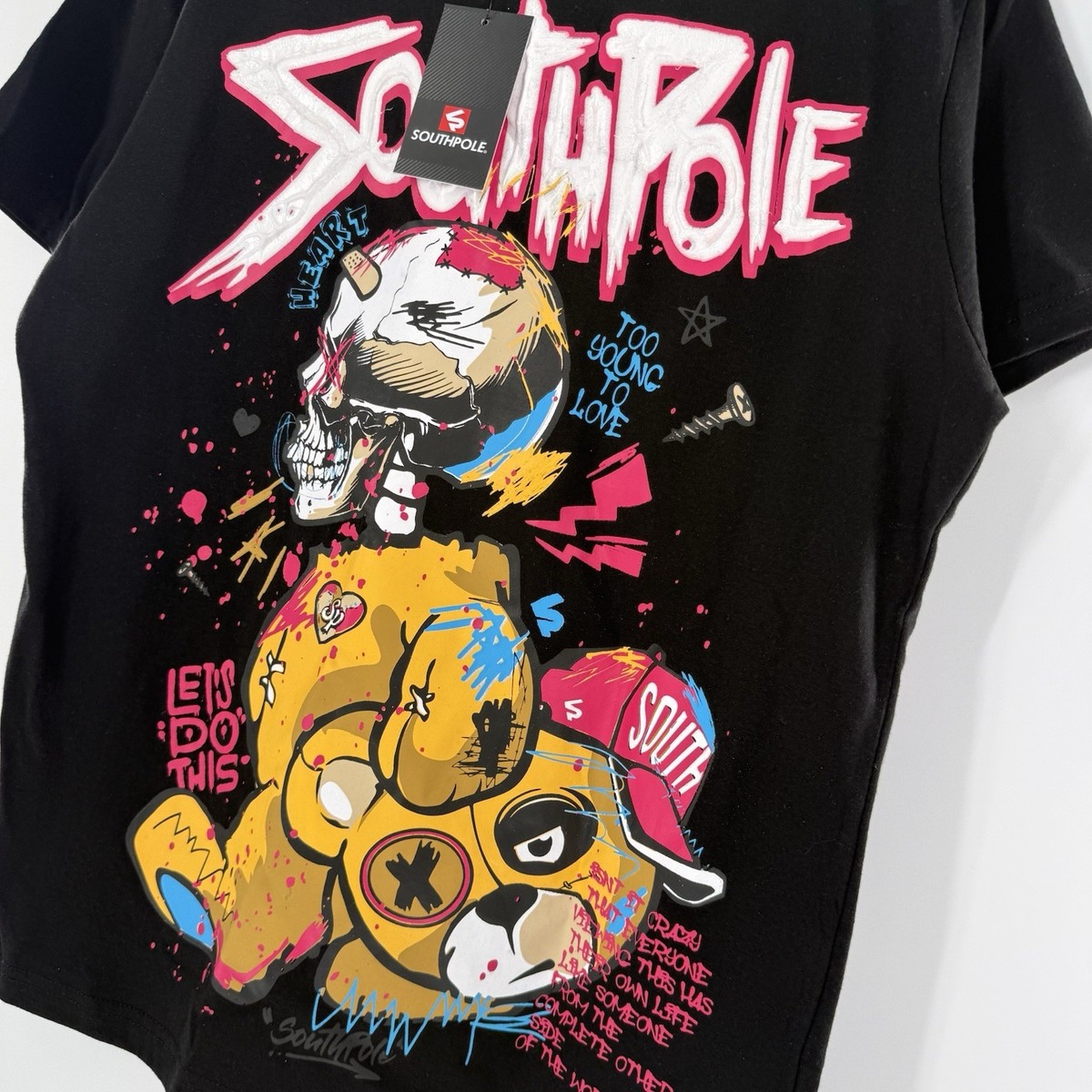 Southpole Shirt Black Spray Paint Graffiti Graphic Y2K Teddy Bear