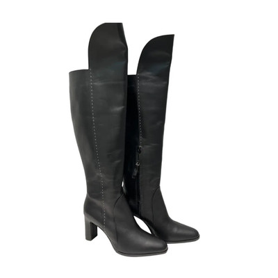 Runway MAX MARA Black Leather Tall Boots Block Heel Size 10 US 40 EU