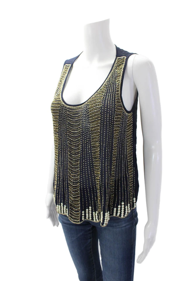 Blusa sin mangas Pullover Hazel para mujer con cuentas transparentes cuello redondo azul marino talla M Foto 2 de 4