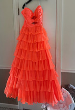 Sherri Hill Orange Sweetheart Spaghetti Strap Ruffle Chiffon Lace-Up Gown 12