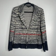 MING WANG Jacket Cardigan Size Large Navy Blue Cream Knit Clasp Closure Work