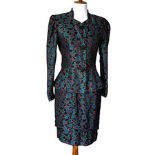 Vintage Small Suit Skirt Set Couture Fall Jacket Jacquard 80s does 40s Peplum