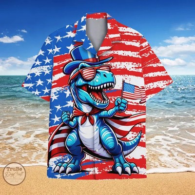 Dinosaur Hawaiian Shirt: T-Rex US Flag 4th Of July Aloha Shirt