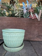 Vintage 1961 McCoy Pottery Turquoise Beaded Planter w/ Attached Saucer #117