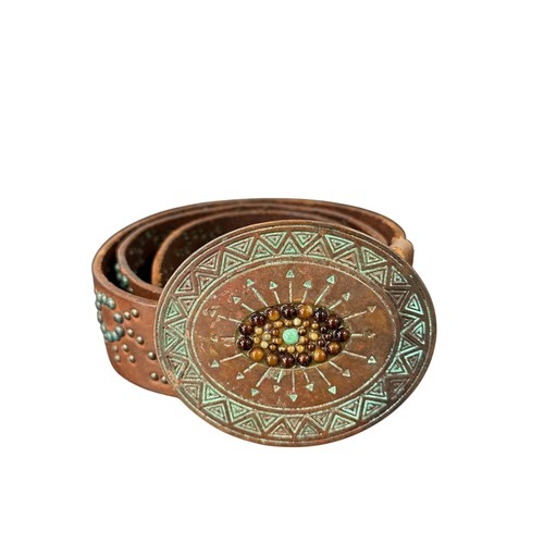 Vtg Y2k Southwestern Native Starburst Sun Copper Belt Buckle & Belt Size 33"