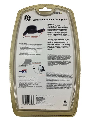 GE Retractable USB 2.0 Cable 6 ft A Plug & B Plug Package Sealed - 第 3/6 張圖片