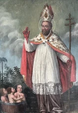 Antique Spanish Colonial Saint Nicholas Of Bari Oil Painting 18th C. Old Master