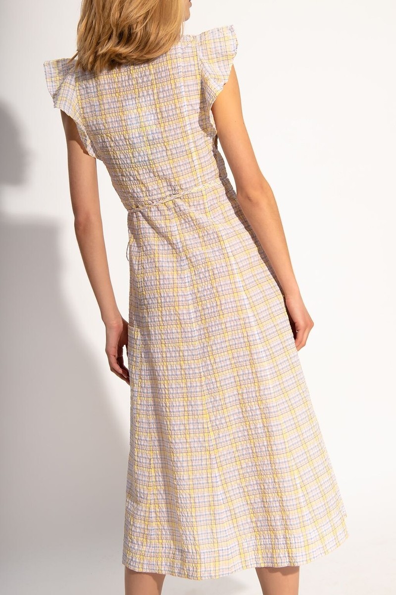 NWT GANNI Seersucker Check Print Wrap Dress in Multicolor Sz XS EU 34  Ruffle | eBay