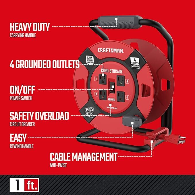 CRAFTSMAN Retractable Extension Cord Reel 1 Ft. With 4 Outlets 14AWG