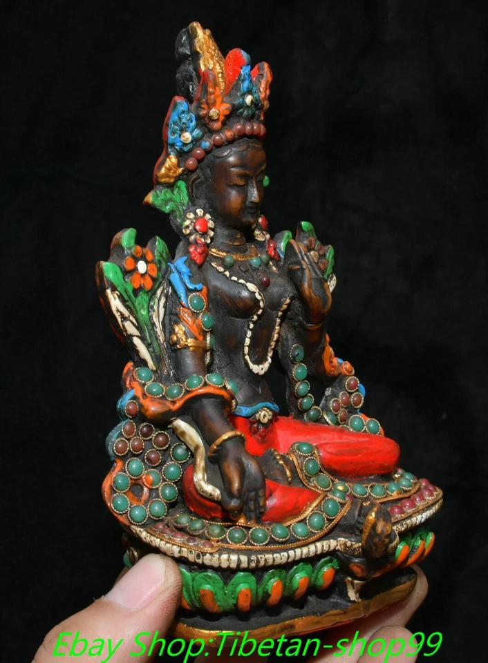6'' Tibet Bone Inlaid Gems Dzi Bead Green Tara Mahayana Goddess Buddha Statue - Image 4 of 4