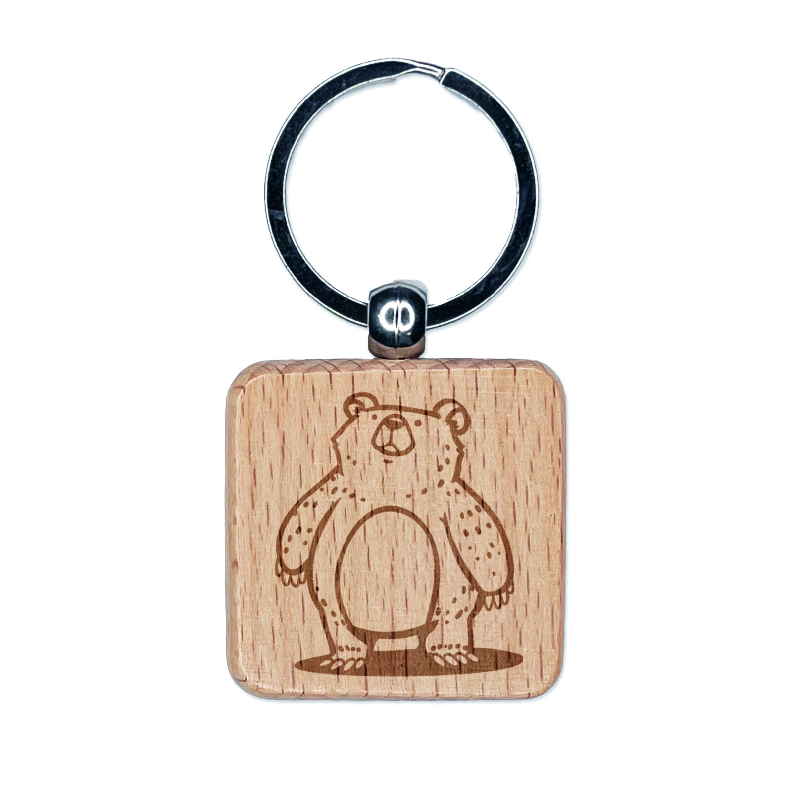 Chubby Standing Grizzly Bear Engraved Wooden Keychain Charm Tag