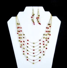 Red Gold Aurora Borealis Necklace Earring Set Glass Beads Hat Society Lady
