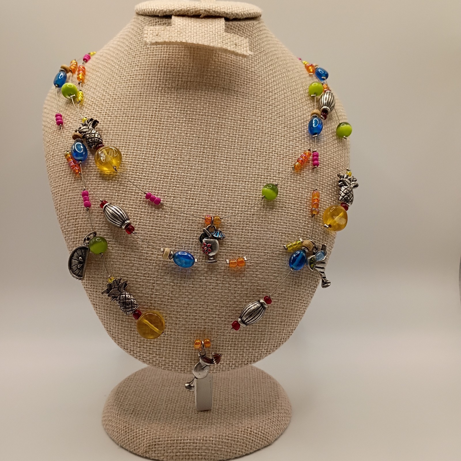 Vintage Chico's Multicolor Silver Tone Tropical Cocktail Charm Pendant Necklace