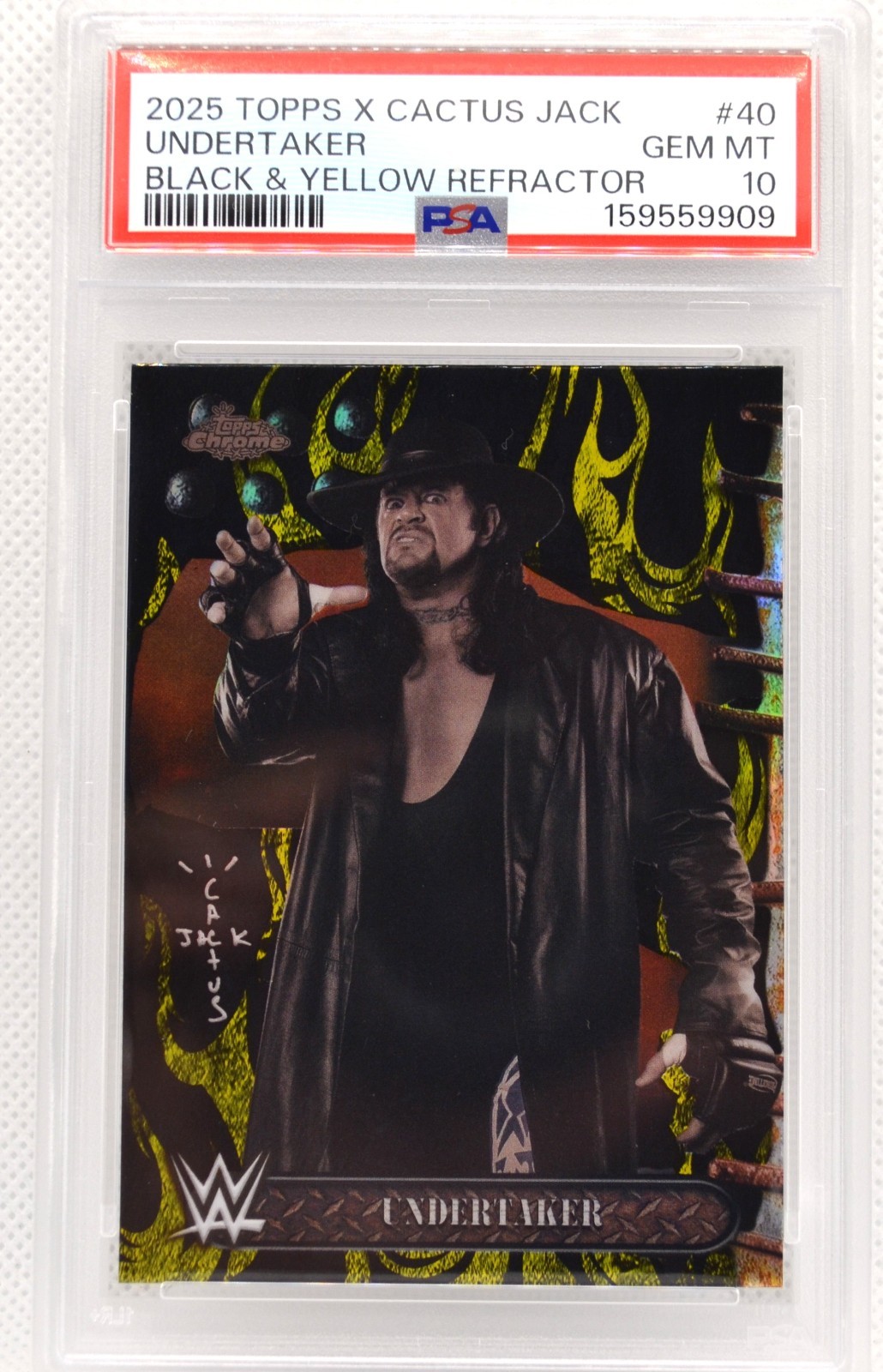 2025 Topps Chrome WWE X Cactus Jack Undertaker Black & Yellow Refractor PSA 10