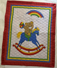 Crib Quilted Quilt Red/Multicolor Rainbow Bear on Rocking Horse Design