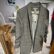 H M Women's Gray Plaid Blazer Single-Breasted One-Button Lined Size 2