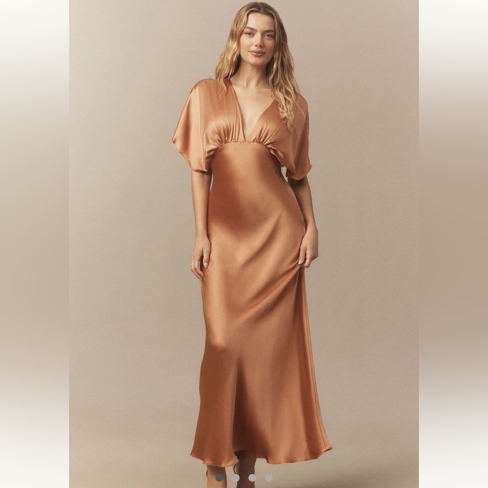 BHLDN Leila Deep-V Flutter-Sleeve Satin A-Line Gown Sz 2