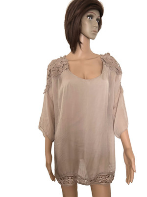 Top Tunic Beige Tan Shoulder Venetian Lace 100% silk Lined  XXL  sz Italy