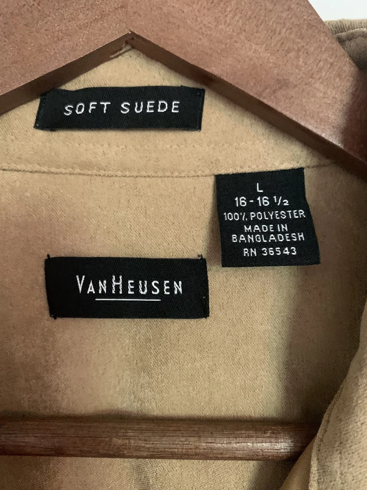 Camisa Van Heusen Para Hombre 16-16.5 Grande Tostada Suave Gamuza Abotonada Manga Larga Beige Foto 2 de 4