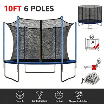 Trampoline Safety Net Replacement For 10FT Round Trampoline 6 Poles w/ Zipper