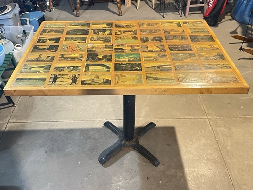 Vintage Square Wood Restaurant Dining Table Epoxy Photos Post Cards St Louis