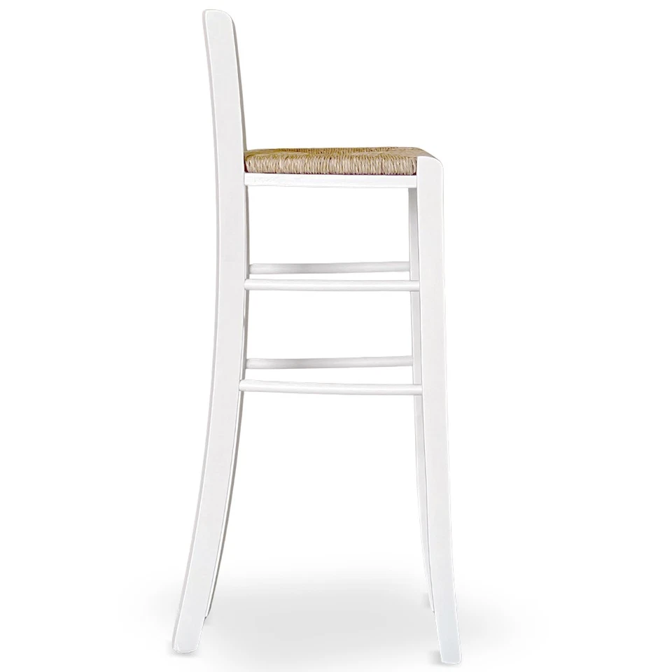 Tabouret De Bar En Bois Blanc Avec Assise En Paille H 80 Cm - Photo 4/4