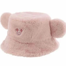 Tokyo Disney Resort Fluffy Bucket Hat Pink Mickey Ears Winter Cap Used Japan JP