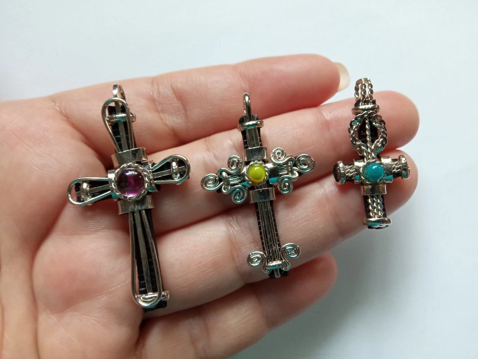 ✨Al Por Mayor 50 Cruz Peruana Colgante Murano y Piedra Cabujón Alpaca Plata Arte✨ Foto 2 de 4