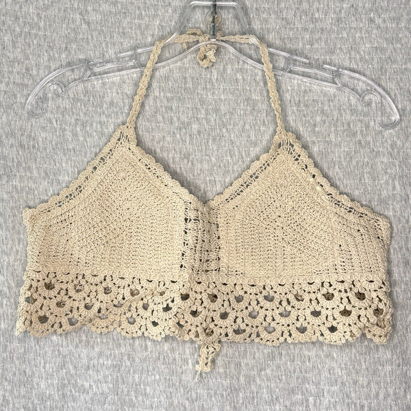 Womens One Size Crochet Halter Crop Top Beige Tie-Back Boho Festival Hippie