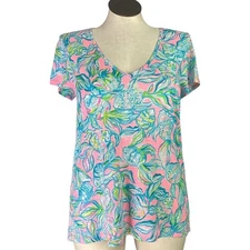 Lilly Pulitzer Etta Top Women L Pelican Pink Off The Scales Floral V Neck Shirt