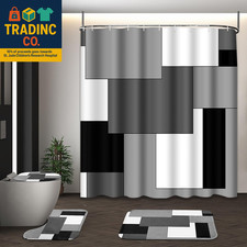 Modern Grey Geometric Shower Curtain Set with Toilet Lid Cover and Rugs